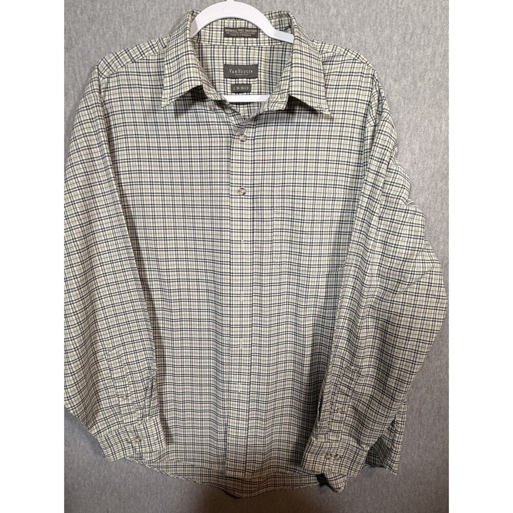 Van Heusen Men's L 16-16.5 Wrinkle Free Oxford Plaid Button Down Shirt Beige